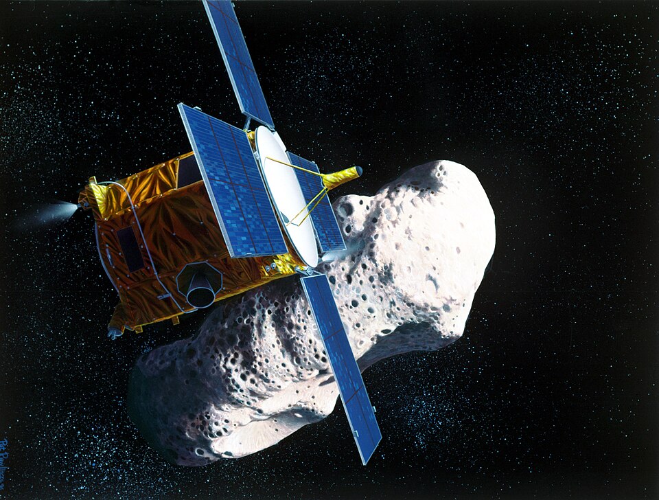 Artist concept of NASA NEAR spacecraft approaching asteroid Eros