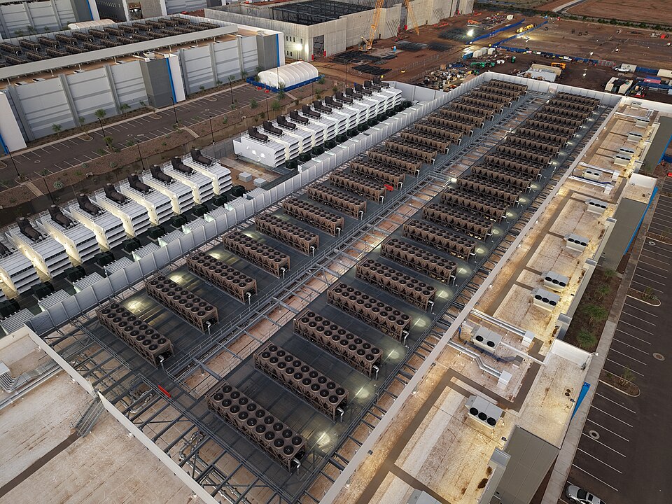Aerial view of a data center cooling infrastructure on the roof