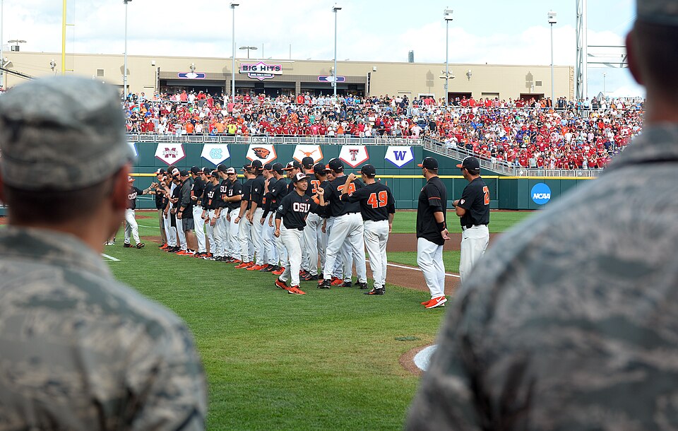 Aerial view of a College World Series game at Charles Schwab Field