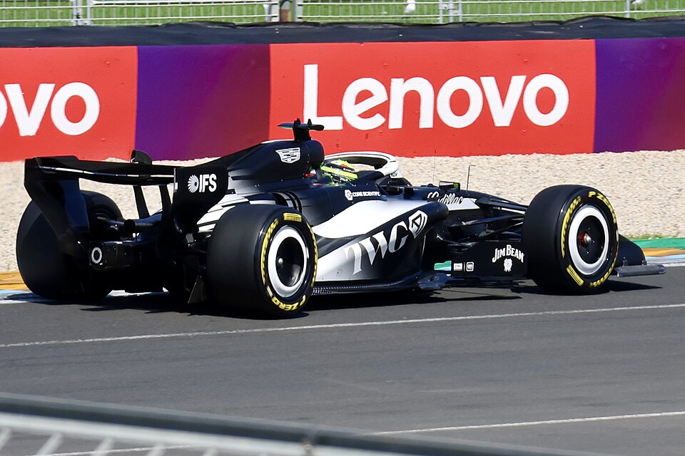Sergio Pérez racing in the new Cadillac MAC-26 F1 car