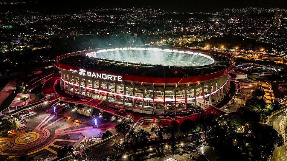 Aerial night view of Estadio Azteca illuminated for the tournament