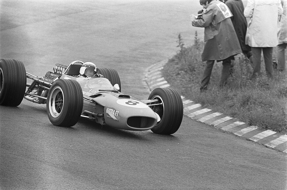 Historic Formula 1 racing car at Zandvoort Grand Prix circuit in 1968