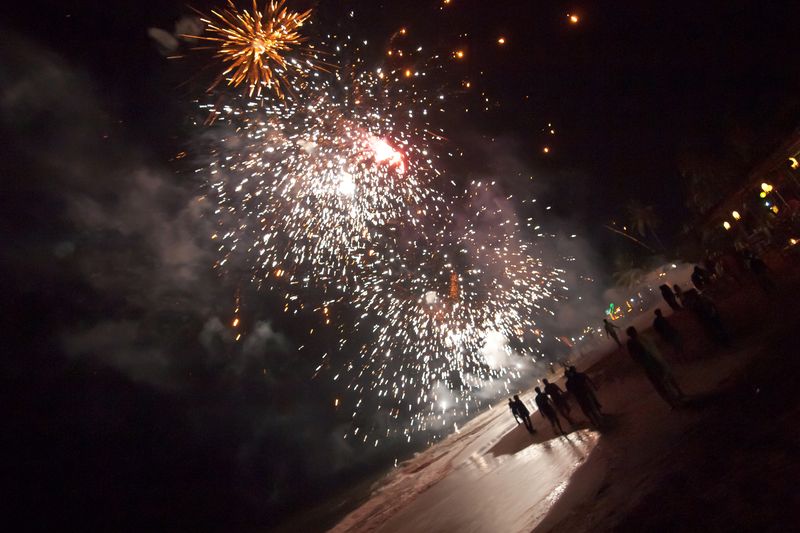 Fireworks lighting up the night sky at a beach celebration