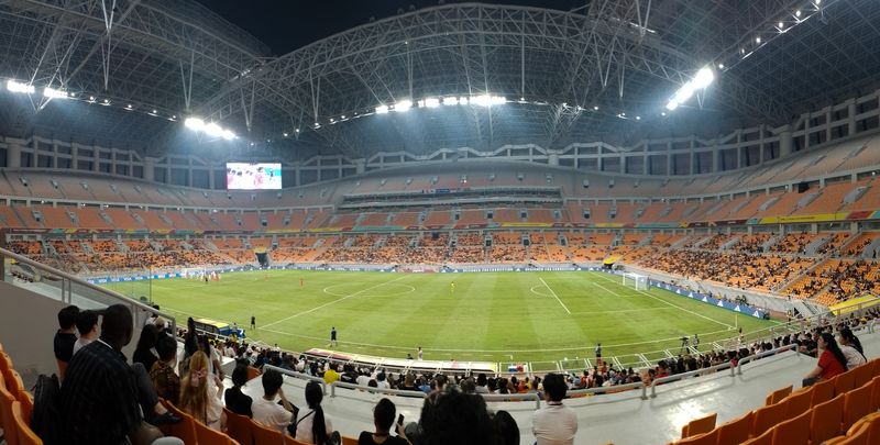 Interior view of a packed international soccer stadium during match